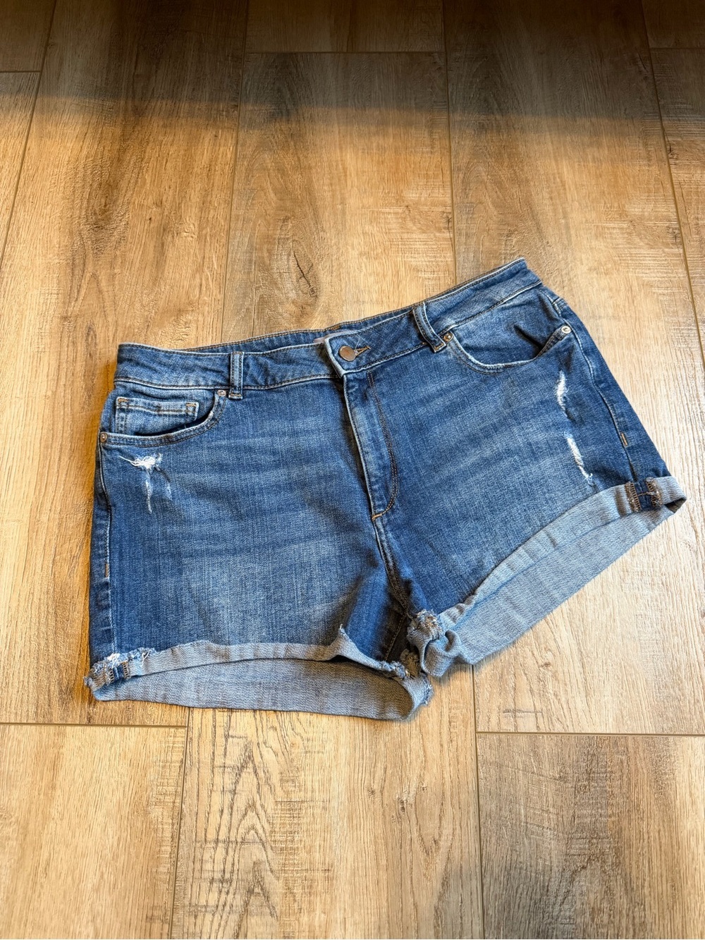 DL1961 Distressed Dark Blue Denim Rolled Cuff Shorts